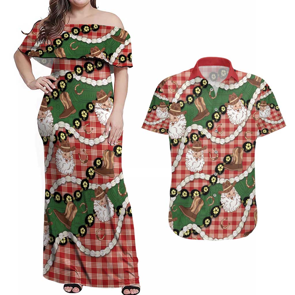 Cowboy Hawaii Mele Kalikimaka Couples Matching Off Shoulder Maxi Dress and Hawaiian Shirt Paniolo Kukui Nut Pikake Lei Red Version - Polynesian Pride