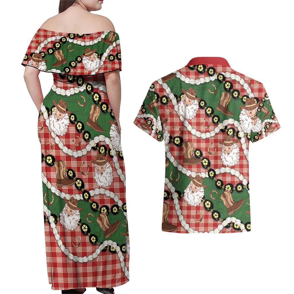 Cowboy Hawaii Mele Kalikimaka Couples Matching Off Shoulder Maxi Dress and Hawaiian Shirt Paniolo Kukui Nut Pikake Lei Red Version - Polynesian Pride