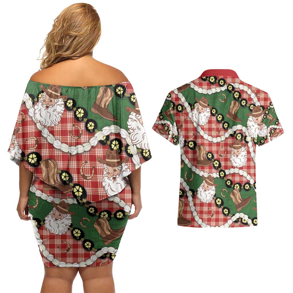 Cowboy Hawaii Mele Kalikimaka Couples Matching Off Shoulder Short Dress and Hawaiian Shirt Paniolo Kukui Nut Pikake Lei Red Version - Polynesian Pride