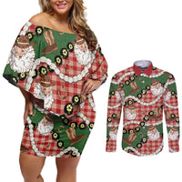 Cowboy Hawaii Mele Kalikimaka Couples Matching Off Shoulder Short Dress and Long Sleeve Button Shirt Paniolo Kukui Nut Pikake Lei Red Version - Polynesian Pride