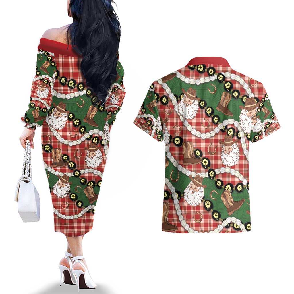 Cowboy Hawaii Mele Kalikimaka Couples Matching Off The Shoulder Long Sleeve Dress and Hawaiian Shirt Paniolo Kukui Nut Pikake Lei Red Version - Polynesian Pride
