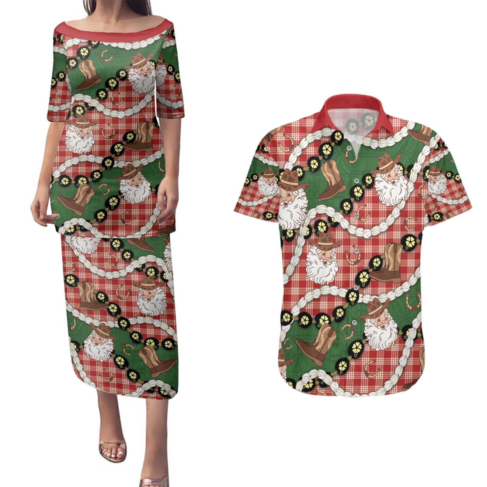 Cowboy Hawaii Mele Kalikimaka Couples Matching Puletasi and Hawaiian Shirt Paniolo Kukui Nut Pikake Lei Red Version - Polynesian Pride