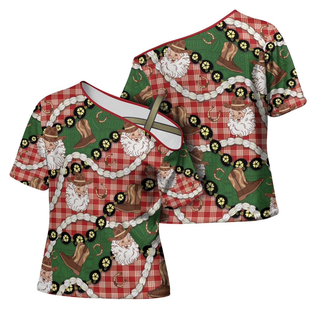 Cowboy Hawaii Mele Kalikimaka Cross Shoulder Shirt Paniolo Kukui Nut Pikake Lei Red Version - Polynesian Pride