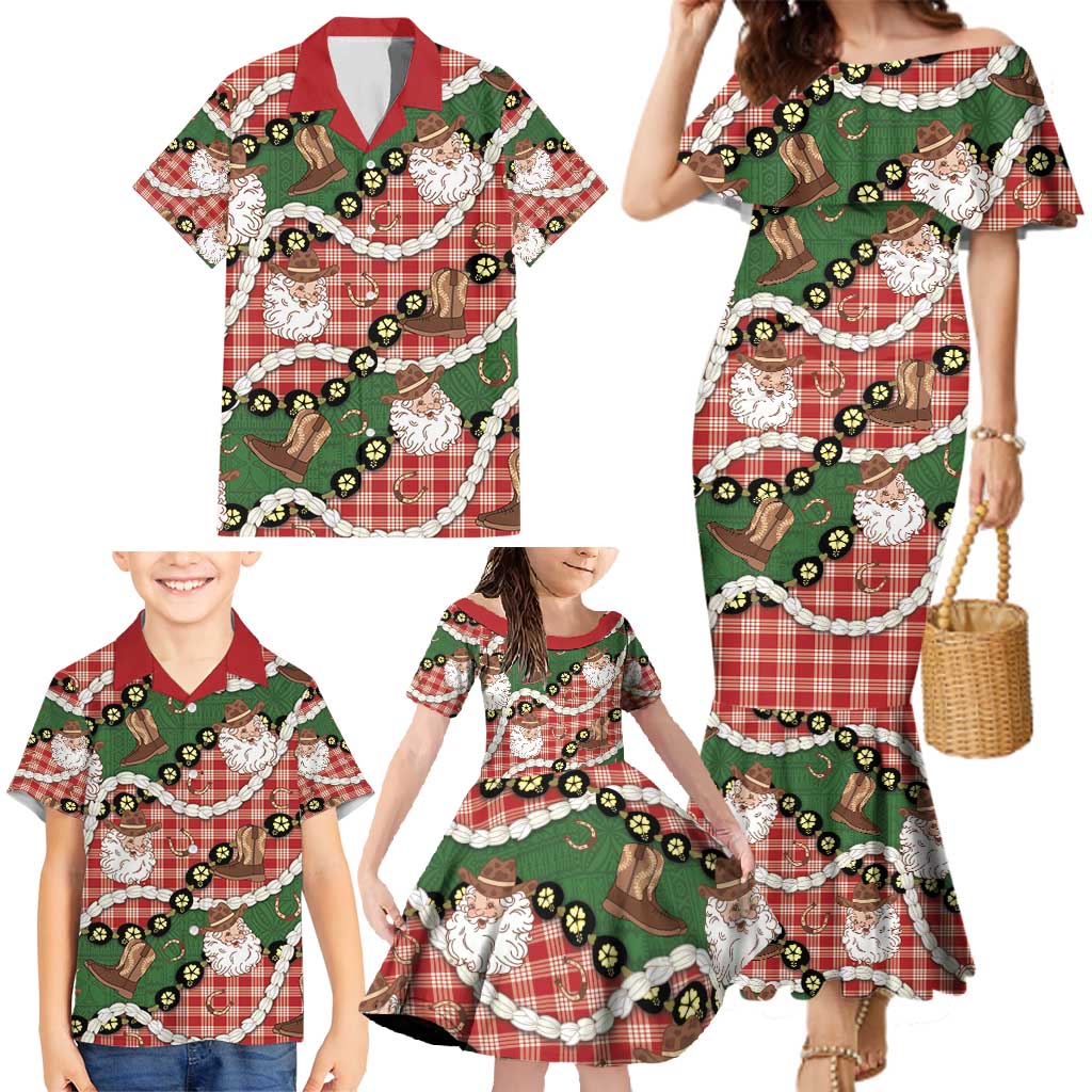 Cowboy Hawaii Mele Kalikimaka Family Matching Mermaid Dress and Hawaiian Shirt Paniolo Kukui Nut Pikake Lei Red Version - Polynesian Pride