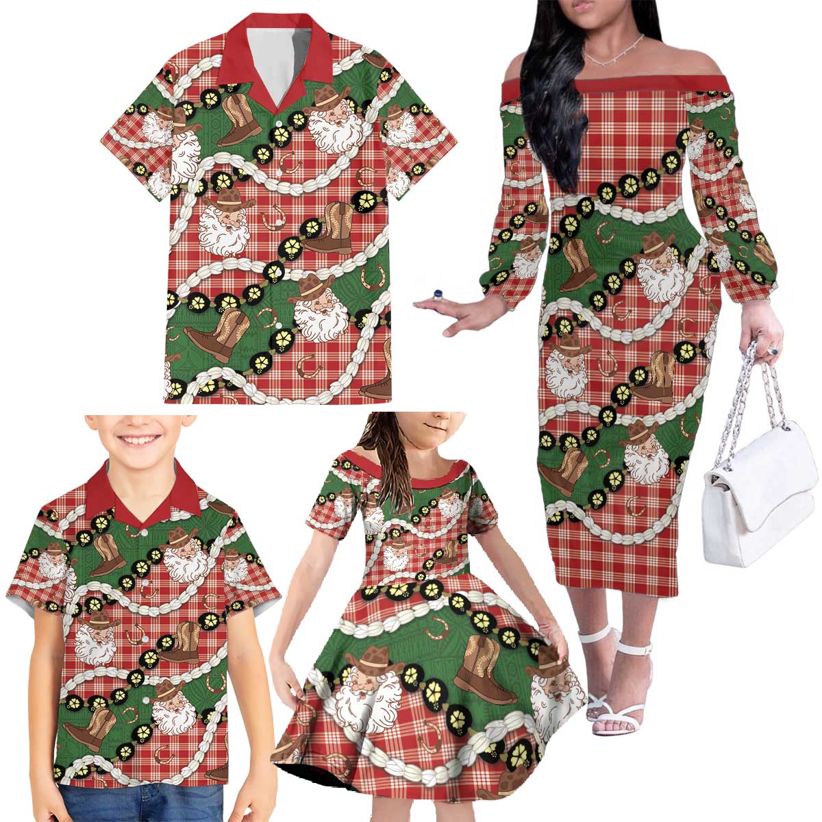 Cowboy Hawaii Mele Kalikimaka Family Matching Off The Shoulder Long Sleeve Dress and Hawaiian Shirt Paniolo Kukui Nut Pikake Lei Red Version - Polynesian Pride