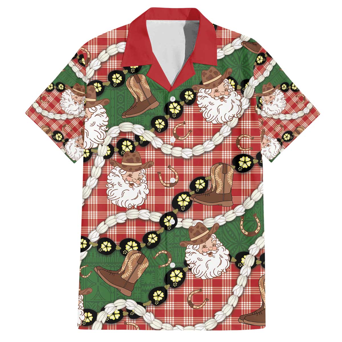 Cowboy Hawaii Mele Kalikimaka Family Matching Off The Shoulder Long Sleeve Dress and Hawaiian Shirt Paniolo Kukui Nut Pikake Lei Red Version - Polynesian Pride
