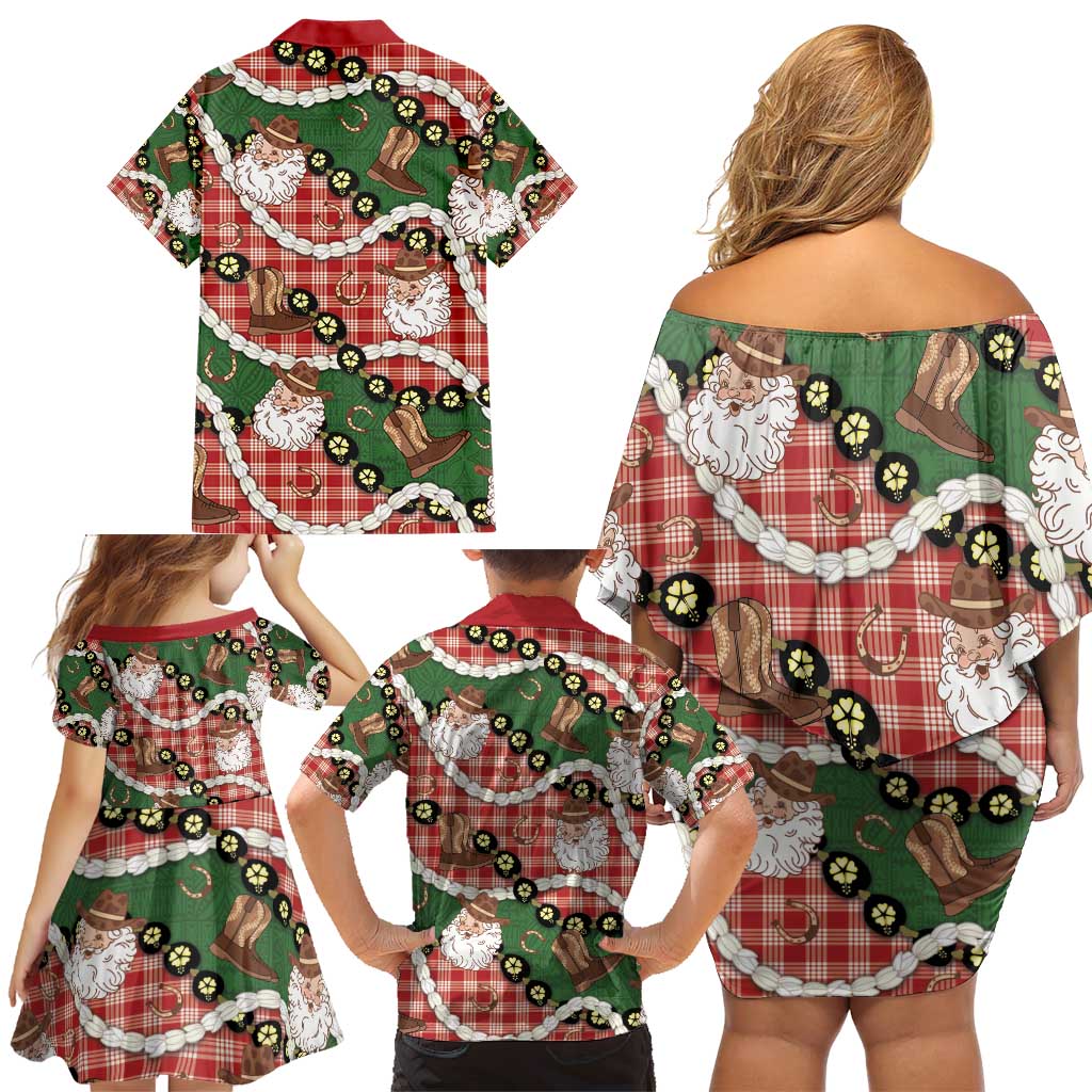 Cowboy Hawaii Mele Kalikimaka Family Matching Off Shoulder Short Dress and Hawaiian Shirt Paniolo Kukui Nut Pikake Lei Red Version - Polynesian Pride