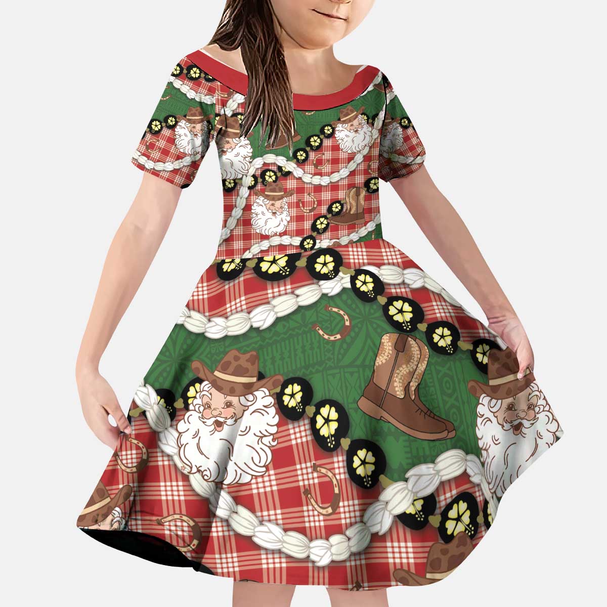 Cowboy Hawaii Mele Kalikimaka Kid Short Sleeve Dress Paniolo Kukui Nut Pikake Lei Red Version - Polynesian Pride