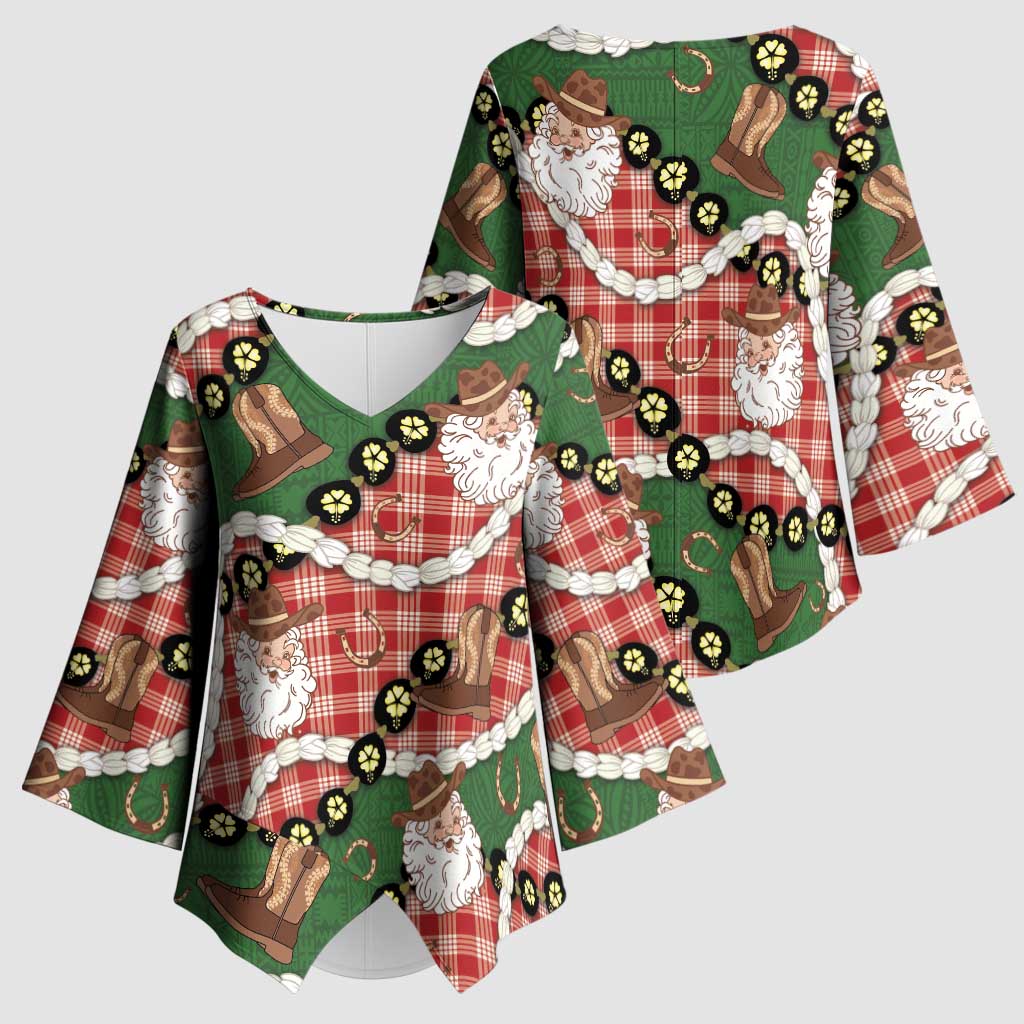 Cowboy Hawaii Mele Kalikimaka Kimono Sleeve Blouse Paniolo Kukui Nut Pikake Lei Red Version - Polynesian Pride