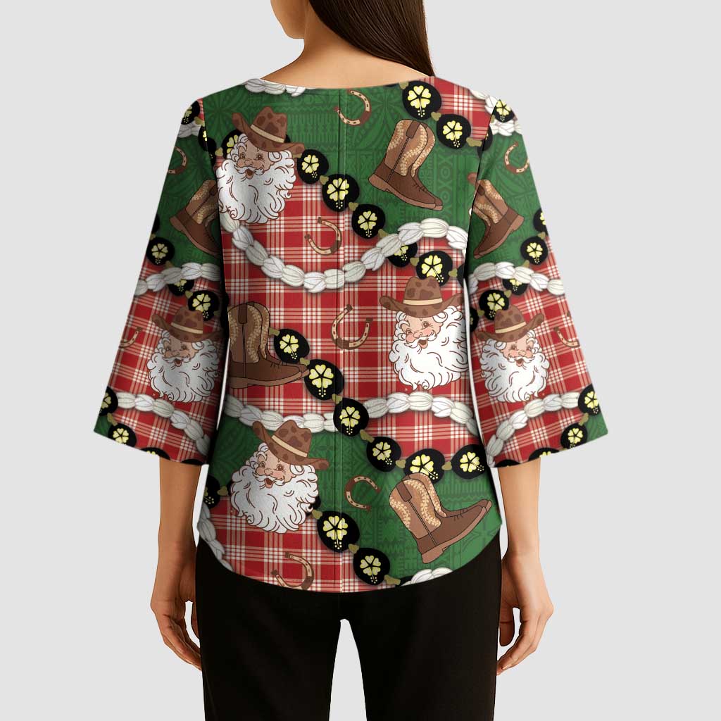 Cowboy Hawaii Mele Kalikimaka Kimono Sleeve Blouse Paniolo Kukui Nut Pikake Lei Red Version - Polynesian Pride
