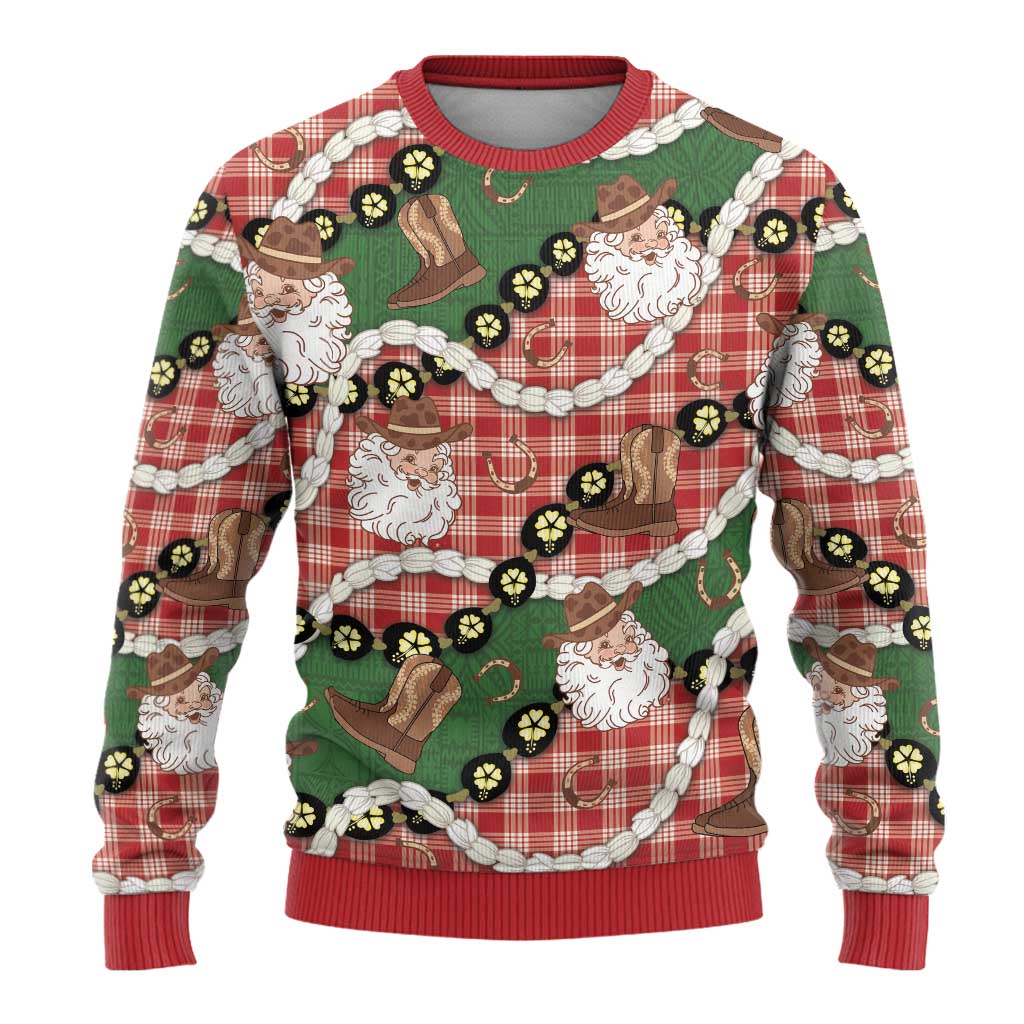 Cowboy Hawaii Mele Kalikimaka Ugly Christmas Sweater Paniolo Kukui Nut Pikake Lei Red Version - Polynesian Pride