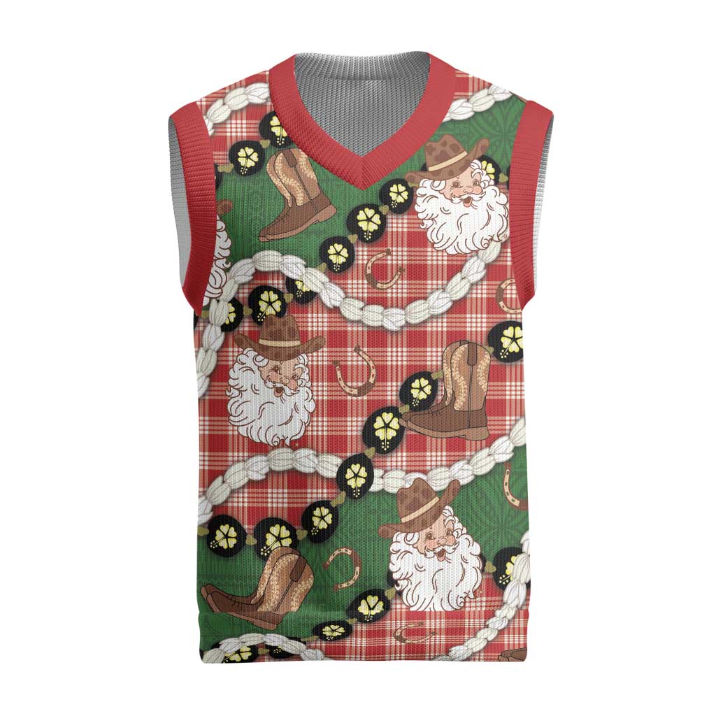 Cowboy Hawaii Mele Kalikimaka Christmas Knitted V-Neck Vest Paniolo Kukui Nut Pikake Lei Red Version - Polynesian Pride
