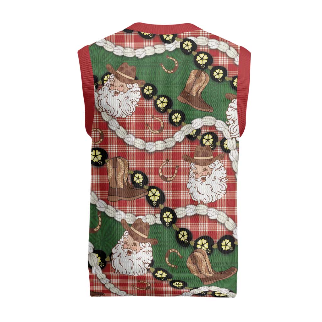Cowboy Hawaii Mele Kalikimaka Christmas Knitted V-Neck Vest Paniolo Kukui Nut Pikake Lei Red Version - Polynesian Pride