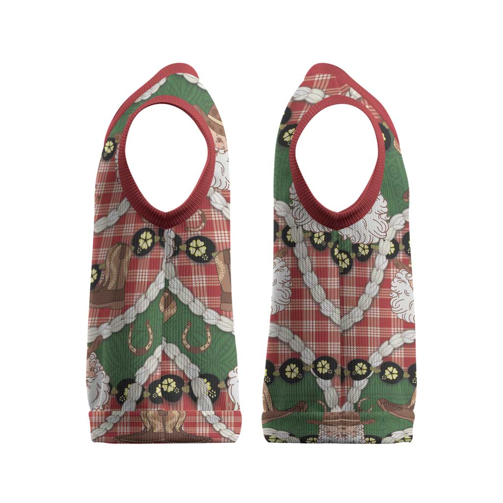 Cowboy Hawaii Mele Kalikimaka Christmas Knitted V-Neck Vest Paniolo Kukui Nut Pikake Lei Red Version - Polynesian Pride