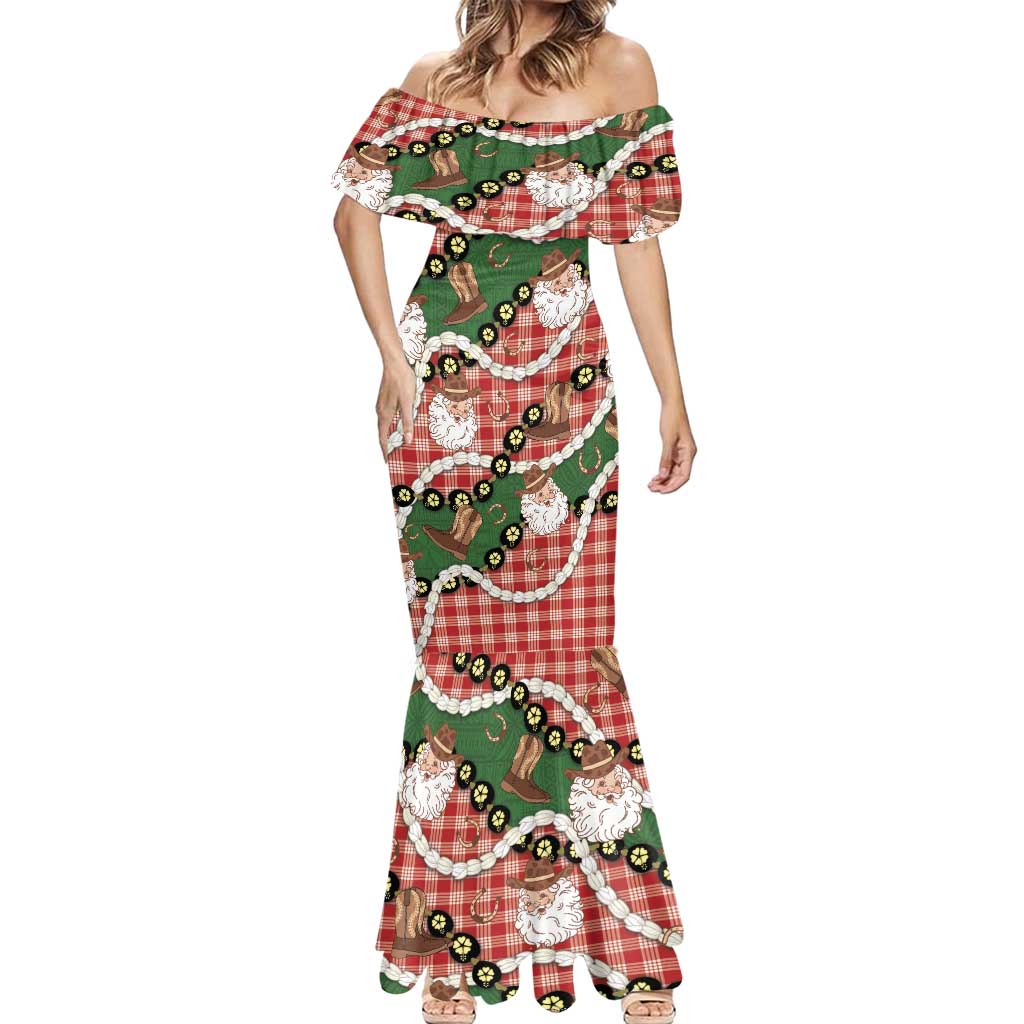 Cowboy Hawaii Mele Kalikimaka Mermaid Dress Paniolo Kukui Nut Pikake Lei Red Version - Polynesian Pride