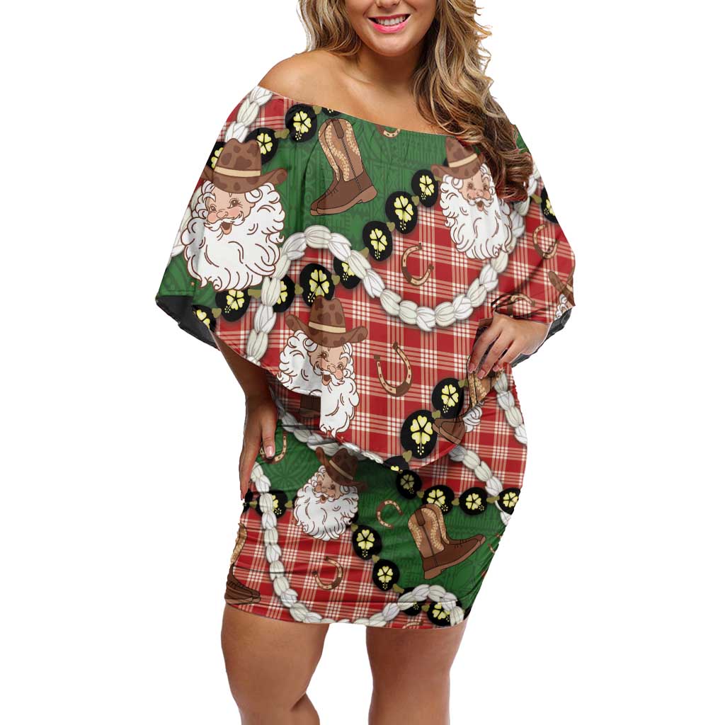 Cowboy Hawaii Mele Kalikimaka Off Shoulder Short Dress Paniolo Kukui Nut Pikake Lei Red Version - Polynesian Pride