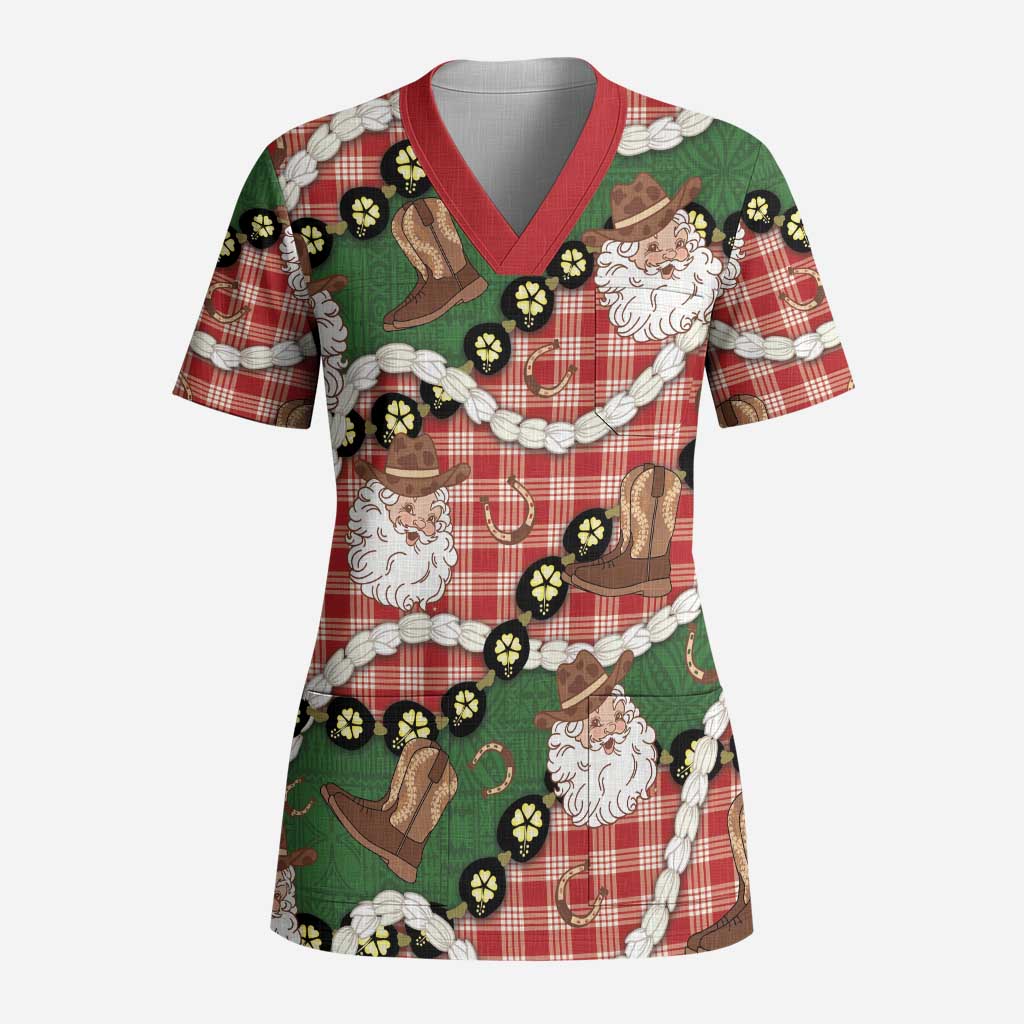 Cowboy Hawaii Mele Kalikimaka Scrub Top Paniolo Kukui Nut Pikake Lei Red Version LT14 Adult Red - Polynesian Pride