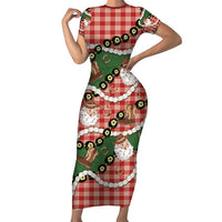 Cowboy Hawaii Mele Kalikimaka Short Sleeve Bodycon Dress Paniolo Kukui Nut Pikake Lei Red Version - Polynesian Pride
