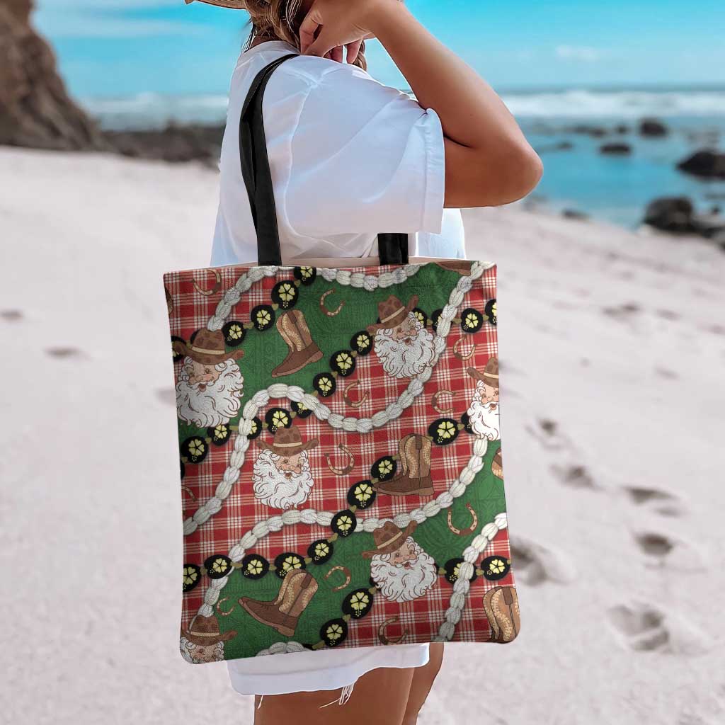 Cowboy Hawaii Mele Kalikimaka Tote Bag Paniolo Kukui Nut Pikake Lei Red Version - Polynesian Pride