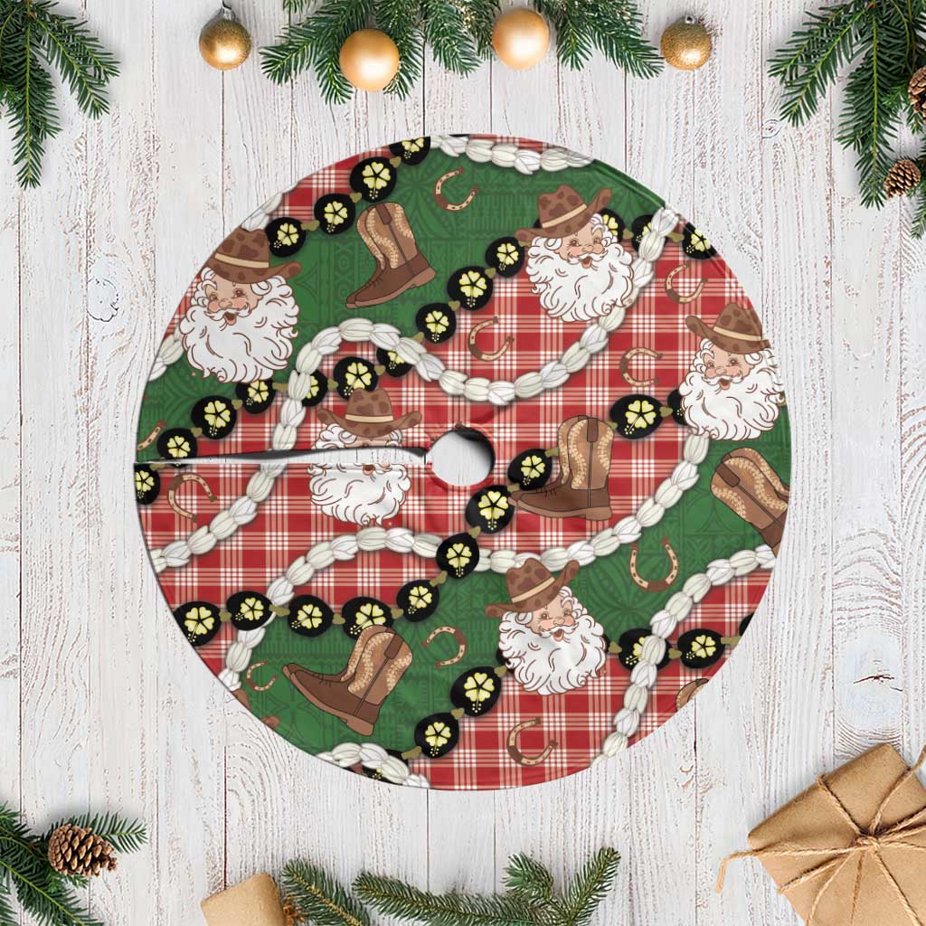 Cowboy Hawaii Mele Kalikimaka Tree Skirt Paniolo Kukui Nut Pikake Lei Red Version - Polynesian Pride