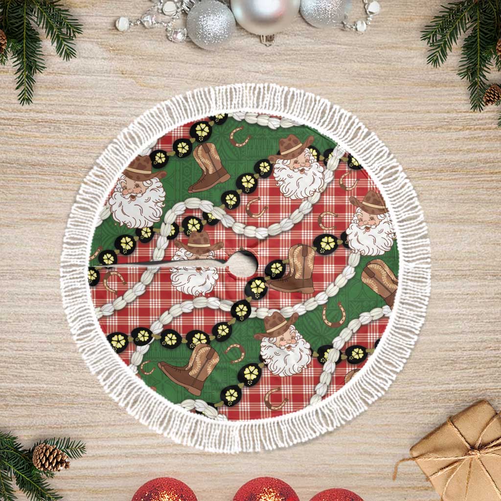 Cowboy Hawaii Mele Kalikimaka Tree Skirt Paniolo Kukui Nut Pikake Lei Red Version - Polynesian Pride