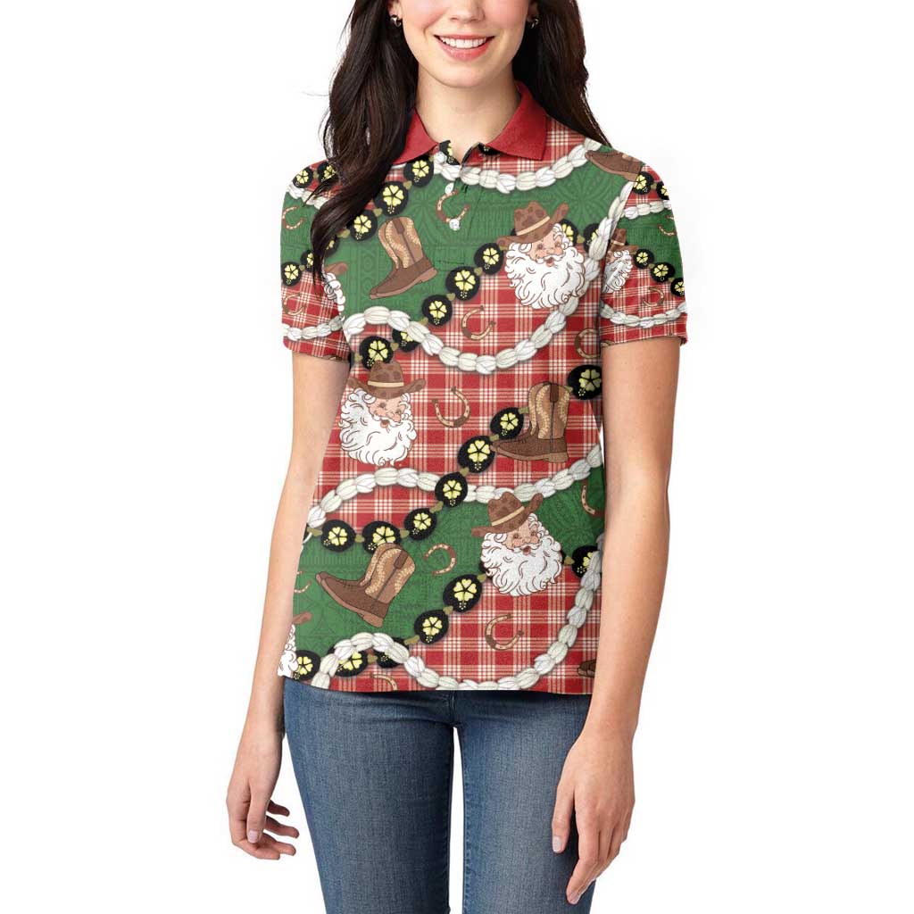 Cowboy Hawaii Mele Kalikimaka Women Polo Shirt Paniolo Kukui Nut Pikake Lei Red Version - Polynesian Pride