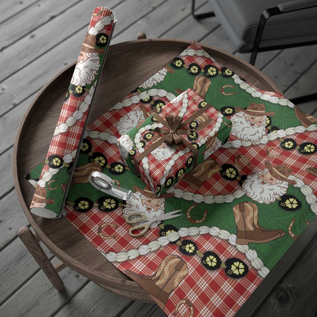 Cowboy Hawaii Mele Kalikimaka Wrapping Paper Paniolo Kukui Nut Pikake Lei Red Version - Polynesian Pride