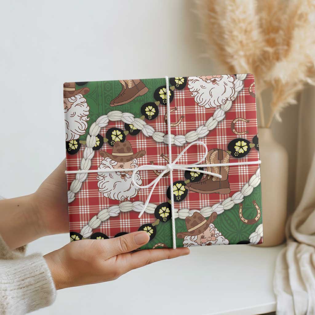 Cowboy Hawaii Mele Kalikimaka Wrapping Paper Paniolo Kukui Nut Pikake Lei Red Version - Polynesian Pride