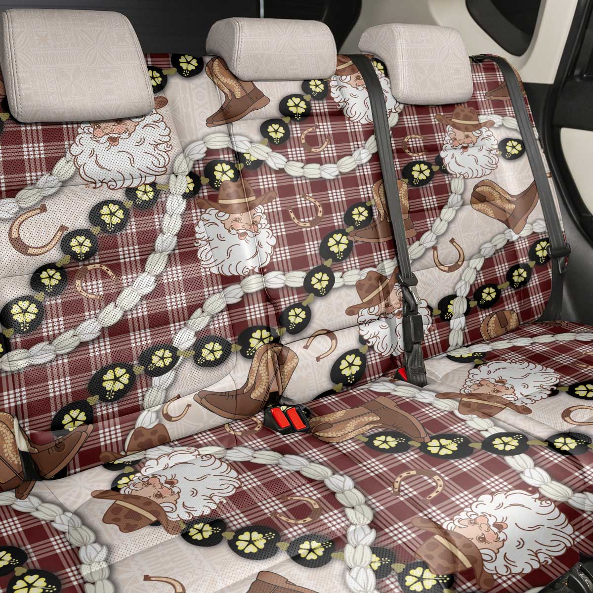 Cowboy Hawaii Mele Kalikimaka Back Car Seat Cover Paniolo Kukui Nut Pikake Lei Burgundy Version - Polynesian Pride