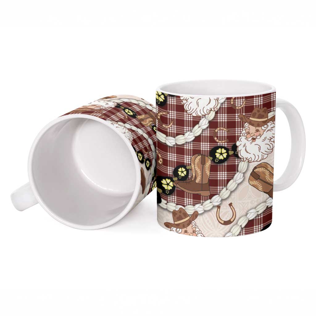 Cowboy Hawaii Mele Kalikimaka Ceramic Mug Paniolo Kukui Nut Pikake Lei Burgundy Version - Polynesian Pride