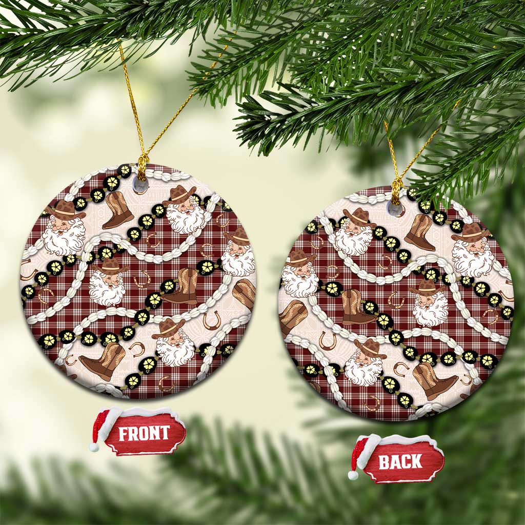 Cowboy Hawaii Mele Kalikimaka Ceramic Ornament Paniolo Kukui Nut Pikake Lei Burgundy Version - Polynesian Pride