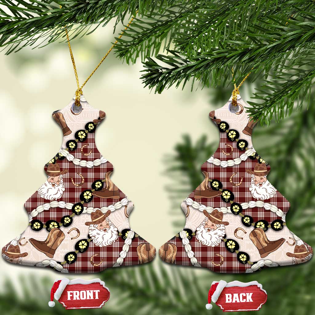 Cowboy Hawaii Mele Kalikimaka Ceramic Ornament Paniolo Kukui Nut Pikake Lei Burgundy Version - Polynesian Pride