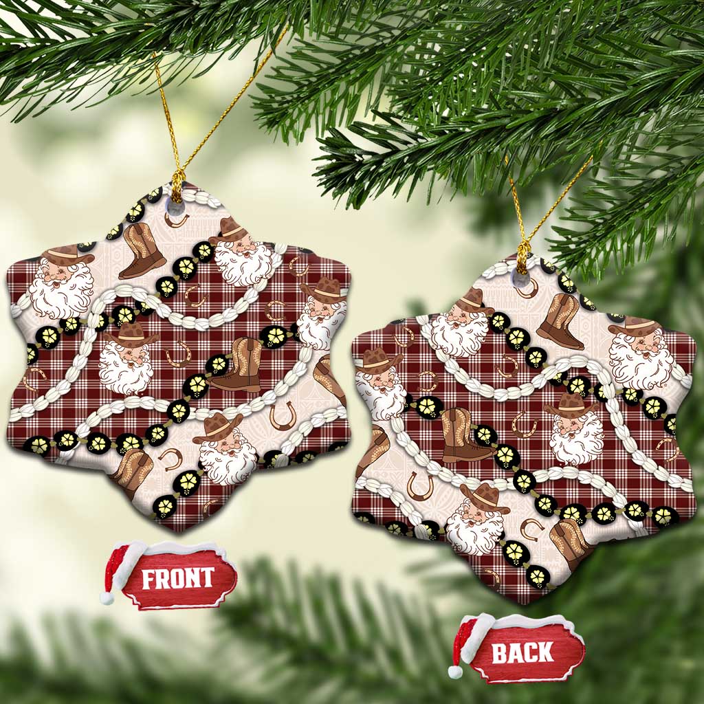 Cowboy Hawaii Mele Kalikimaka Ceramic Ornament Paniolo Kukui Nut Pikake Lei Burgundy Version - Polynesian Pride