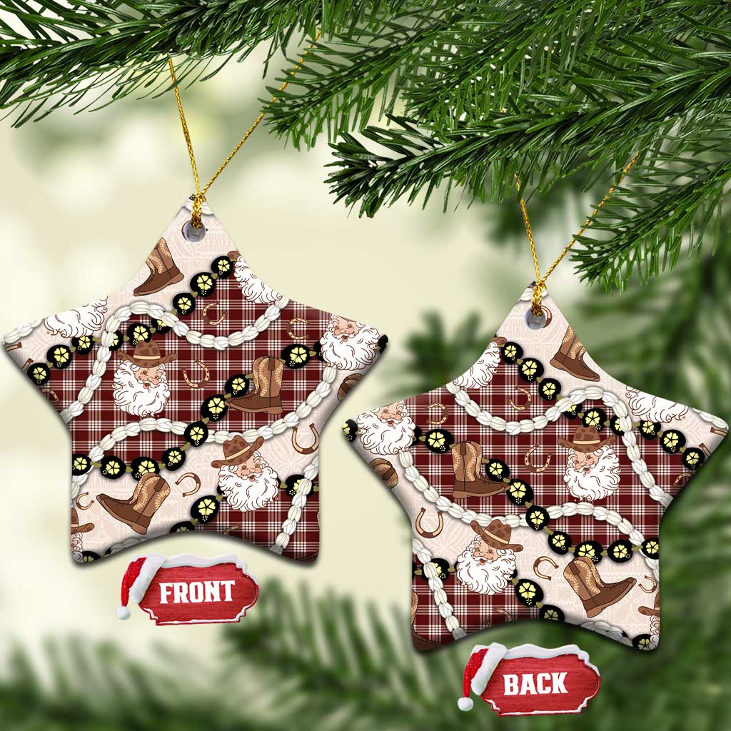 Cowboy Hawaii Mele Kalikimaka Ceramic Ornament Paniolo Kukui Nut Pikake Lei Burgundy Version - Polynesian Pride