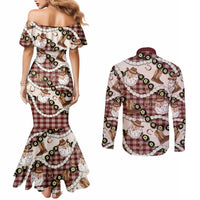 Cowboy Hawaii Mele Kalikimaka Couples Matching Mermaid Dress and Long Sleeve Button Shirt Paniolo Kukui Nut Pikake Lei Burgundy Version - Polynesian Pride