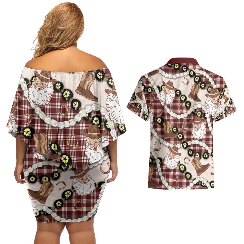 Cowboy Hawaii Mele Kalikimaka Couples Matching Off Shoulder Short Dress and Hawaiian Shirt Paniolo Kukui Nut Pikake Lei Burgundy Version - Polynesian Pride