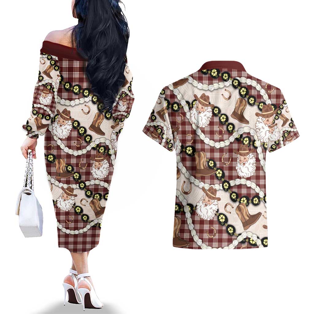 Cowboy Hawaii Mele Kalikimaka Couples Matching Off The Shoulder Long Sleeve Dress and Hawaiian Shirt Paniolo Kukui Nut Pikake Lei Burgundy Version - Polynesian Pride