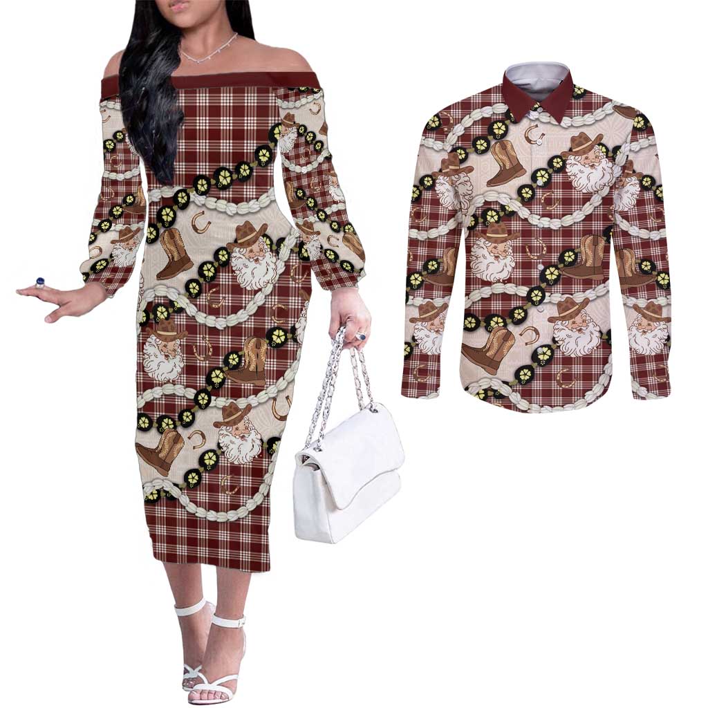 Cowboy Hawaii Mele Kalikimaka Couples Matching Off The Shoulder Long Sleeve Dress and Long Sleeve Button Shirt Paniolo Kukui Nut Pikake Lei Burgundy Version - Polynesian Pride