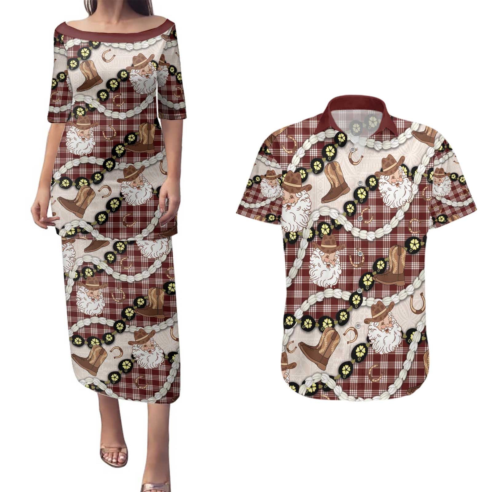 Cowboy Hawaii Mele Kalikimaka Couples Matching Puletasi and Hawaiian Shirt Paniolo Kukui Nut Pikake Lei Burgundy Version - Polynesian Pride