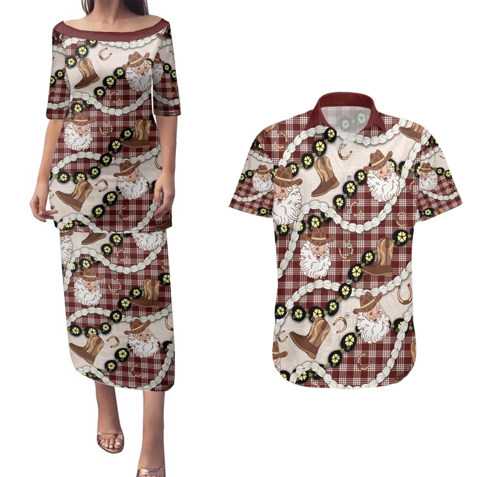 Cowboy Hawaii Mele Kalikimaka Couples Matching Puletasi and Hawaiian Shirt Paniolo Kukui Nut Pikake Lei Burgundy Version - Polynesian Pride