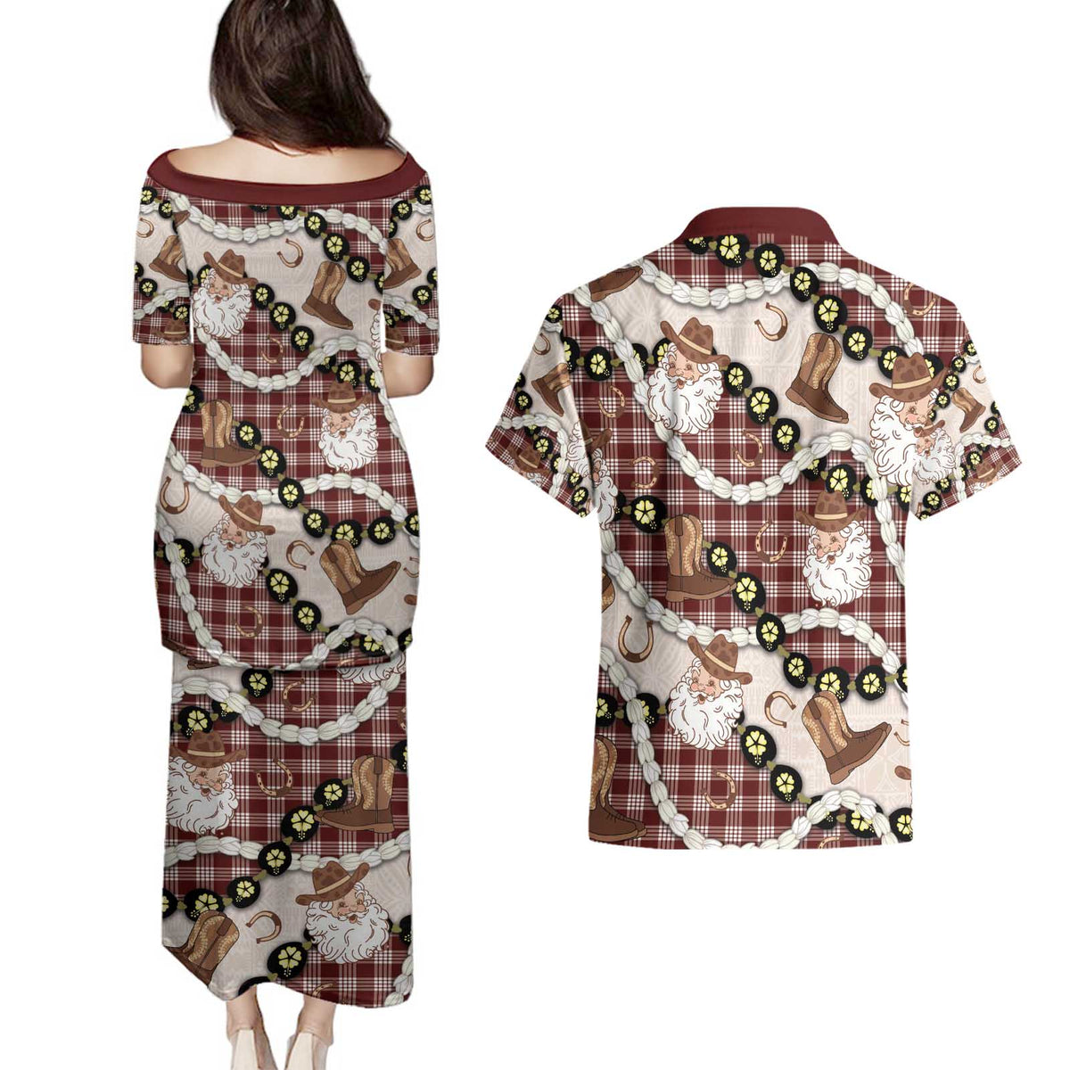 Cowboy Hawaii Mele Kalikimaka Couples Matching Puletasi and Hawaiian Shirt Paniolo Kukui Nut Pikake Lei Burgundy Version - Polynesian Pride