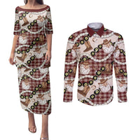 Cowboy Hawaii Mele Kalikimaka Couples Matching Puletasi and Long Sleeve Button Shirt Paniolo Kukui Nut Pikake Lei Burgundy Version - Polynesian Pride