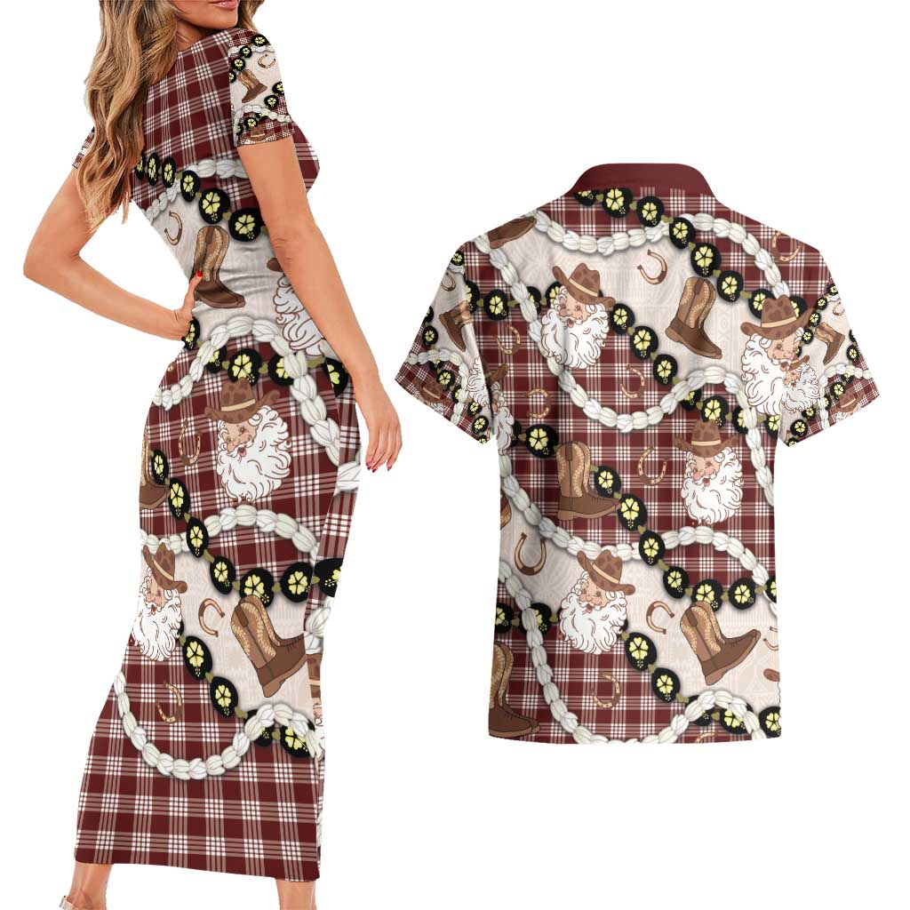 Cowboy Hawaii Mele Kalikimaka Couples Matching Short Sleeve Bodycon Dress and Hawaiian Shirt Paniolo Kukui Nut Pikake Lei Burgundy Version - Polynesian Pride