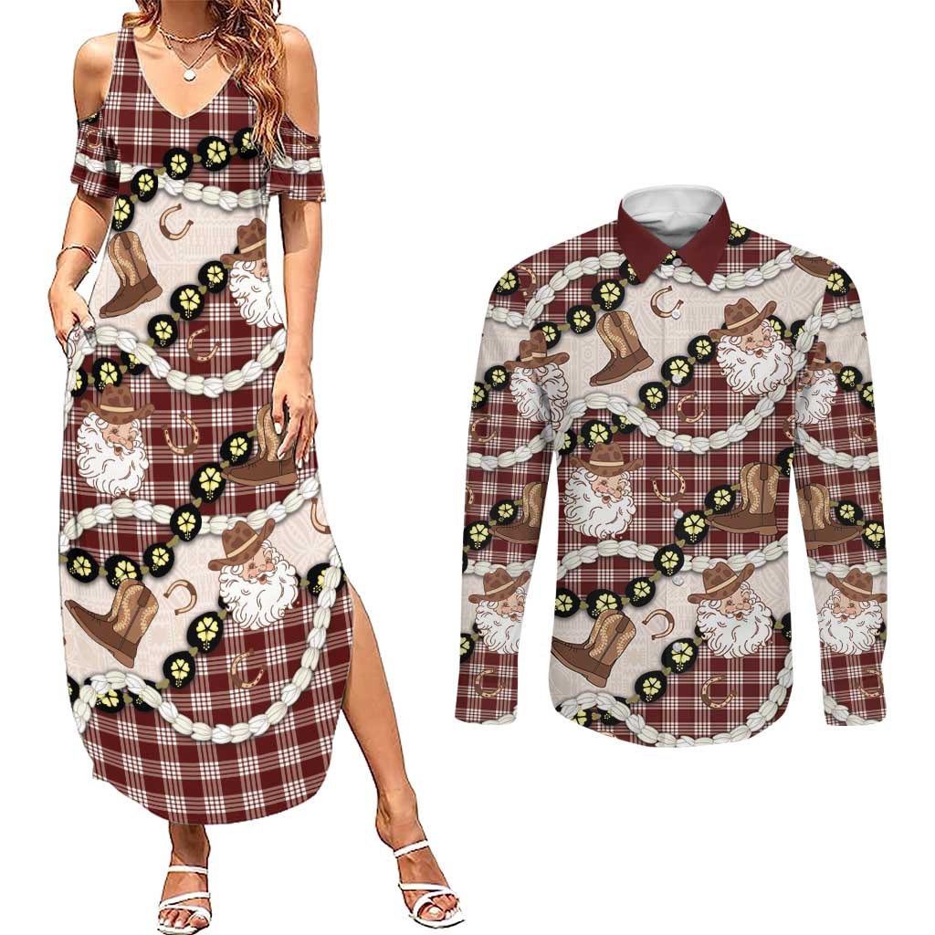 Cowboy Hawaii Mele Kalikimaka Couples Matching Summer Maxi Dress and Long Sleeve Button Shirt Paniolo Kukui Nut Pikake Lei Burgundy Version LT14 Burgundy - Polynesian Pride