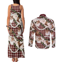 Cowboy Hawaii Mele Kalikimaka Couples Matching Tank Maxi Dress and Long Sleeve Button Shirt Paniolo Kukui Nut Pikake Lei Burgundy Version - Polynesian Pride