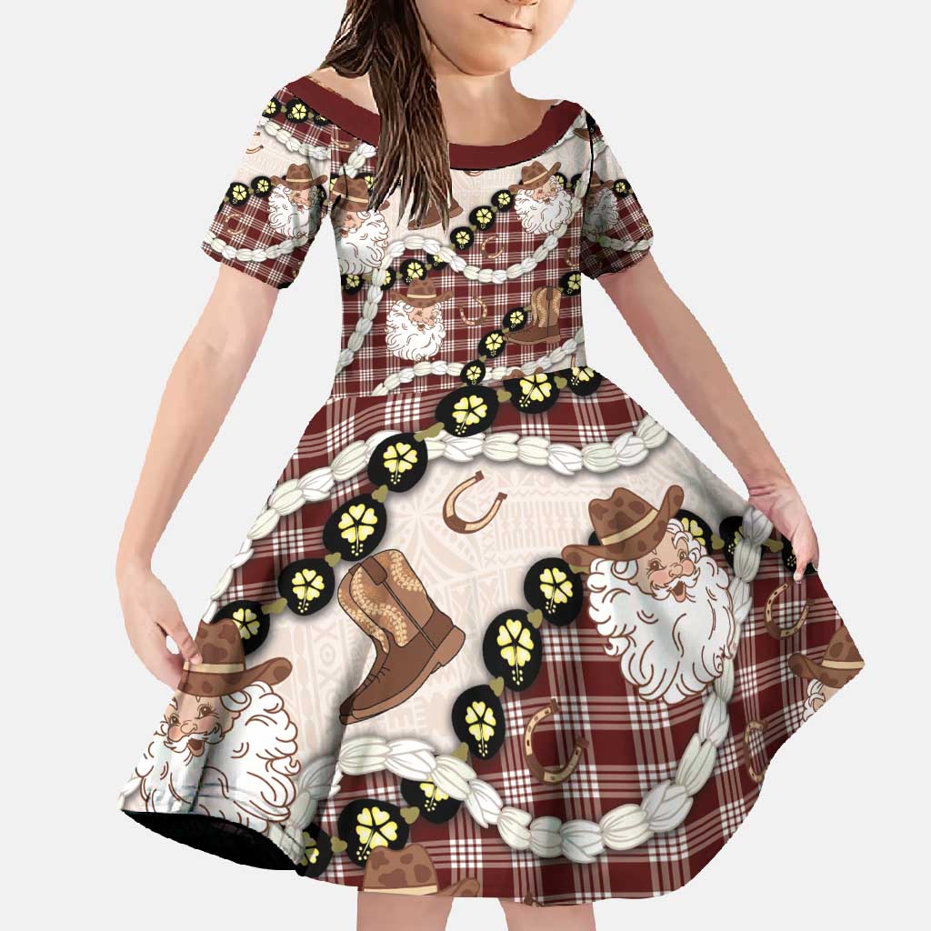 Cowboy Hawaii Mele Kalikimaka Family Matching Long Sleeve Bodycon Dress and Hawaiian Shirt Paniolo Kukui Nut Pikake Lei Burgundy Version - Polynesian Pride