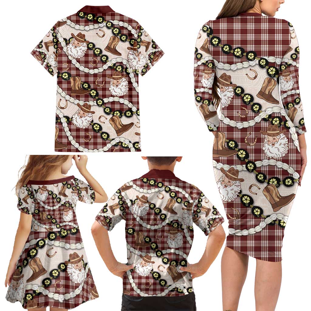 Cowboy Hawaii Mele Kalikimaka Family Matching Long Sleeve Bodycon Dress and Hawaiian Shirt Paniolo Kukui Nut Pikake Lei Burgundy Version - Polynesian Pride
