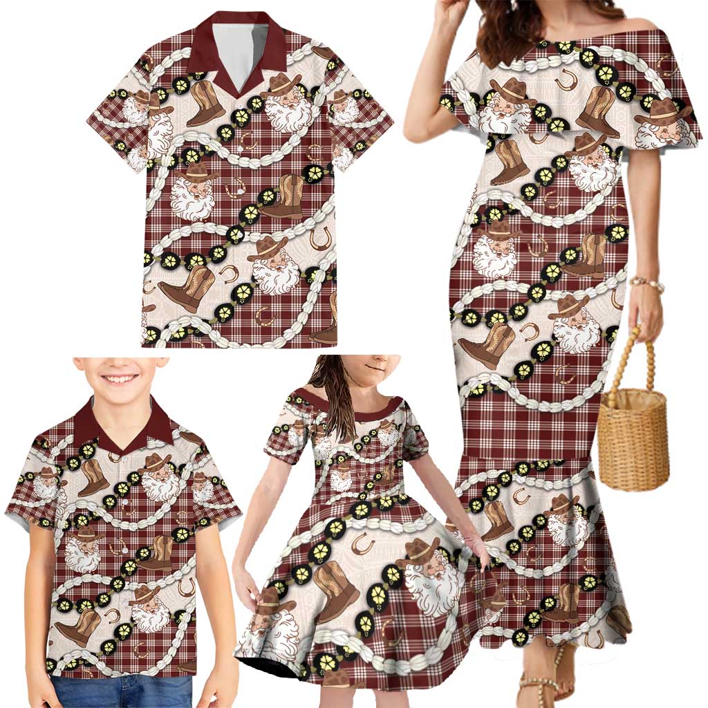 Cowboy Hawaii Mele Kalikimaka Family Matching Mermaid Dress and Hawaiian Shirt Paniolo Kukui Nut Pikake Lei Burgundy Version - Polynesian Pride