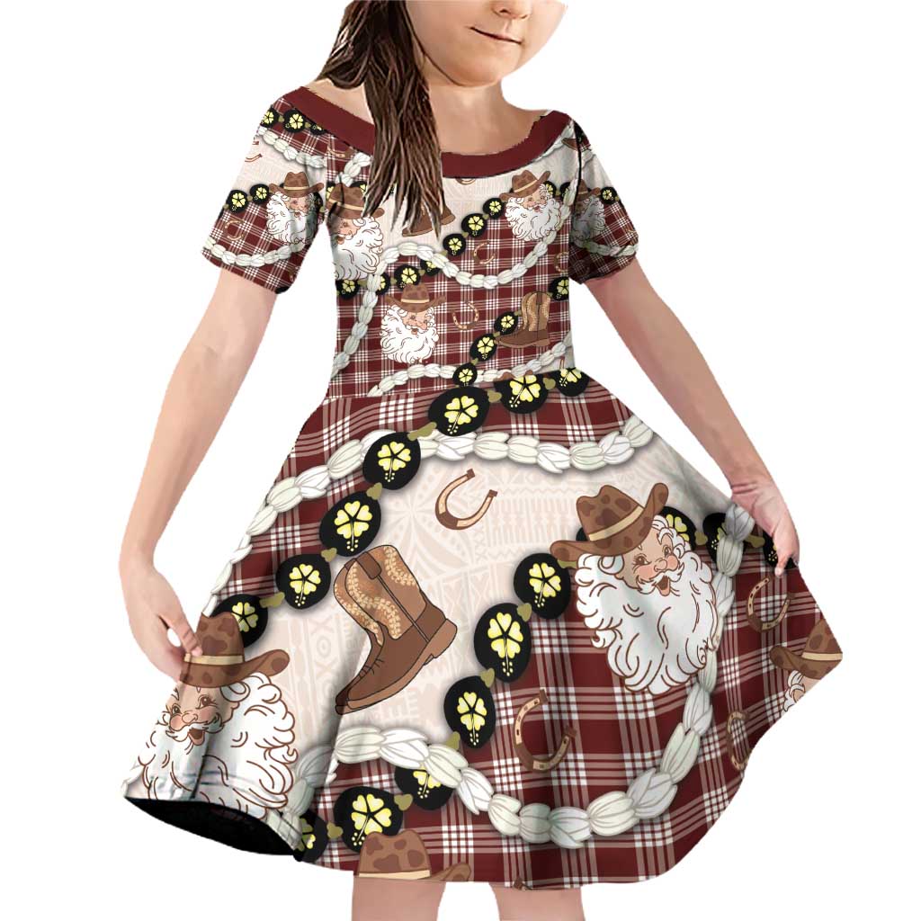 Cowboy Hawaii Mele Kalikimaka Family Matching Off Shoulder Short Dress and Hawaiian Shirt Paniolo Kukui Nut Pikake Lei Burgundy Version - Polynesian Pride