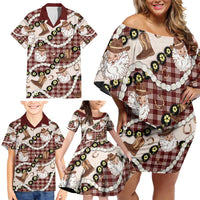Cowboy Hawaii Mele Kalikimaka Family Matching Off Shoulder Short Dress and Hawaiian Shirt Paniolo Kukui Nut Pikake Lei Burgundy Version - Polynesian Pride